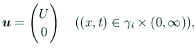 $\displaystyle \bm{u}=\begin{pmatrix}U \\ 0 \end{pmatrix}\quad \text{($(x,t)\in\gamma_i\times(0,\infty)$)},$