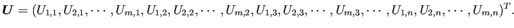 $\displaystyle \bm{U}=
(U_{1,1},U_{2,1},\cdots,U_{m,1},
U_{1,2},U_{2,2},\cdots...
...U_{1,3},U_{2,3},\cdots,U_{m,3},
\cdots,
U_{1,n},U_{2,n},\cdots,U_{m,n}
)^T.
$