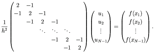 $\displaystyle \frac{1}{h^2}
\begin{pmatrix}
2 & -1 \\
-1 & 2 & -1 \\
& -1...
...begin{pmatrix}
f(x_1) \\
f(x_2) \\
\vdots \\
f(x_{N-1})
\end{pmatrix}.
$