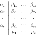 \begin{displaymath}
\begin{array}{c}
\alpha_1\\
\alpha_2\\
\vdots \\
\alp...
...{2 s}\\
\vdots \\
\beta_{s s}\\
\mu_s
\end{array}\right.
\end{displaymath}