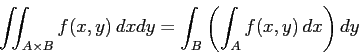 \begin{displaymath}
\dint_{A\times B} f(x,y) \Dx\Dy=\int_B \left(\int_A f(x,y) \Dx\right)\Dy
\end{displaymath}