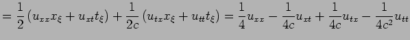 $\displaystyle =\frac{1}{2}\left(u_{xx}x_\xi+u_{xt}t_\xi\right) +\frac{1}{2c}\le...
... =\frac{1}{4}u_{xx}-\frac{1}{4c}u_{xt}+\frac{1}{4c}u_{tx} -\frac{1}{4c^2}u_{tt}$