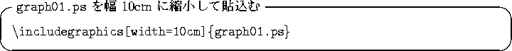 \begin{itembox}[l]{{\tt graph01.ps} $B$rI}(B 10cm $B$K=L>.$7$FE=9~$`(B}
{\tt\textbackslash includegraphics[width=10cm]\{graph01.ps\}}
\end{itembox}