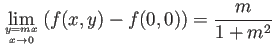 $\displaystyle \lim_{y=m x\atop x\to 0}\left(f(x,y)-f(0,0)\right)=\frac{m}{1+m^2}
$