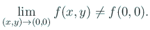 $\displaystyle \lim_{(x,y)\to(0,0)}f(x,y)\ne f(0,0).
$